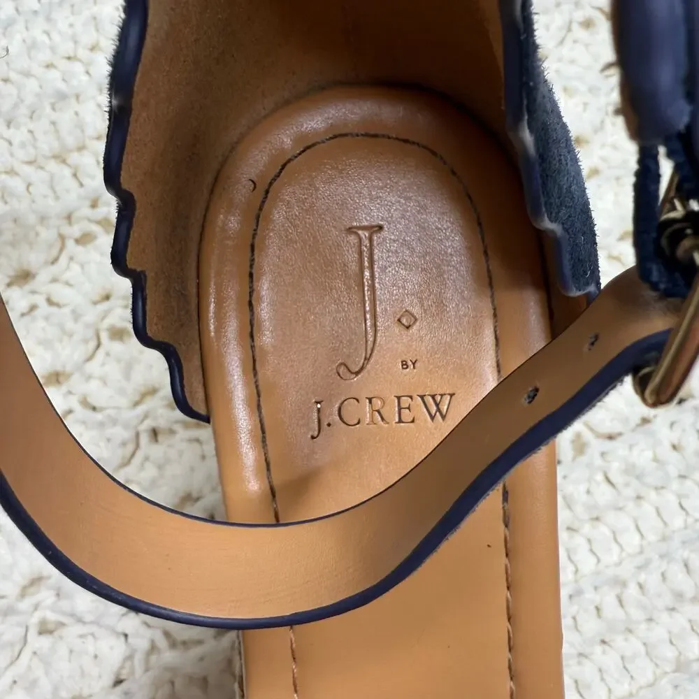 J. CREW Women's 10 Suede Leather Scalloped Flatform Espadrille Shoes Navy Tan